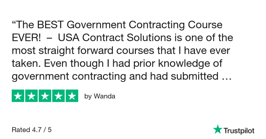 A screenshot of a five-star Trustpilot review for USA Contract Solutions, written by Wanda.