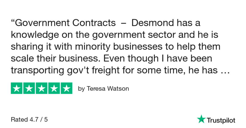 A screenshot of a five-star Trustpilot review by Teresa Watson for Government Contracts.