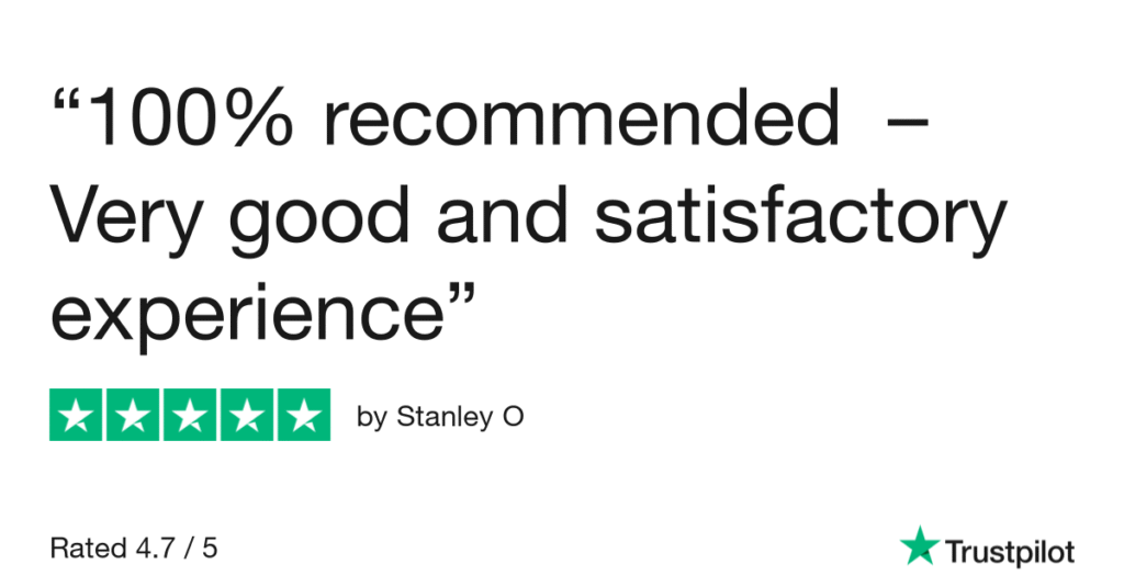A screenshot of a five-star Trustpilot review that says, "100% recommended - Very good and satisfactory experience" by Stanley O.