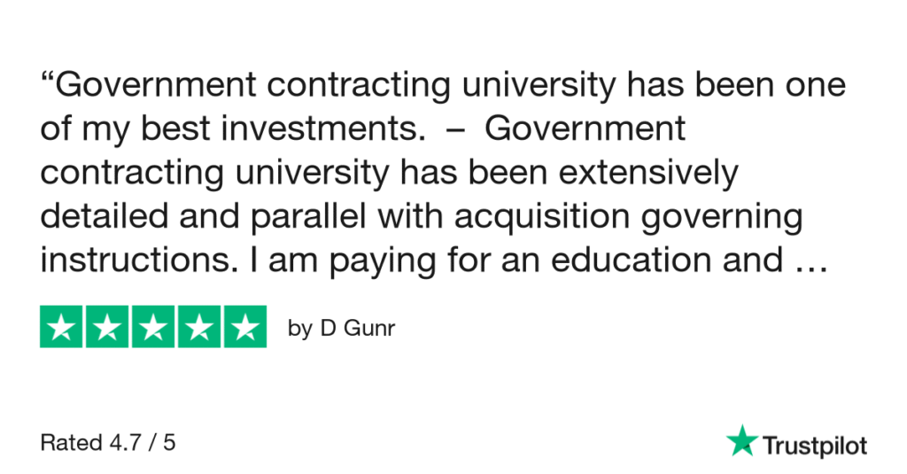 A screenshot of a five-star Trustpilot review for Government Contracting University.