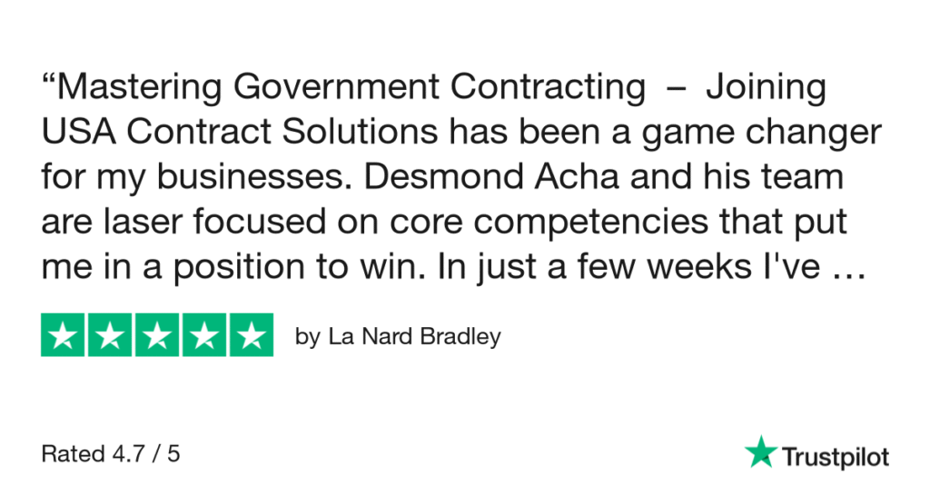 A screenshot of a five-star Trustpilot review for USA Contract Solutions.
