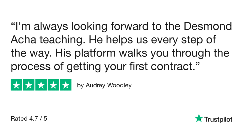 A five-star Trustpilot review by Audrey Woodley. The reviewer expresses always looking forward to "Desmond Acha teaching," noting that he helps "every step of the way" and his platform guides users to their first contract. The overall rating is 4.7 out of 5.