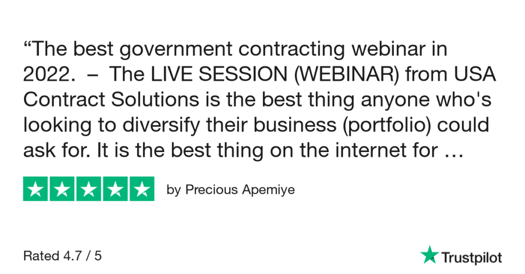 A five-star Trustpilot review by Precious Apemiye. The review praises "The LIVE SESSION (WEBINAR) from USA Contract Solutions" as "the best government contracting webinar in 2022" and "the best thing on the internet" for diversifying a business. The overall rating is 4.7 out of 5.