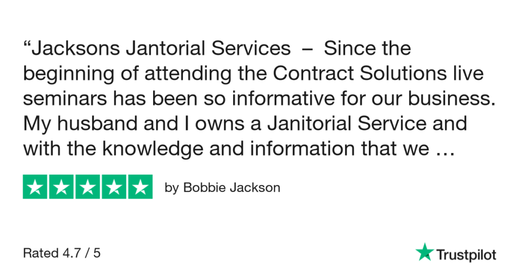 A five-star Trustpilot review by Bobbie Jackson of "Jacksons Janitorial Services." The reviewer praises "Contract Solutions live seminars" for being highly informative for their business, stating that the knowledge gained has been invaluable. The overall rating is 4.7 out of 5.
