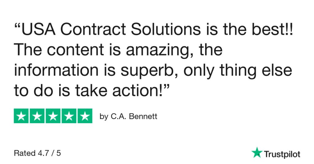 A five-star Trustpilot review by C.A. Bennett. The review praises "USA Contract Solutions" as "the best!!" with "amazing" content and "superb" information, concluding that the only thing left to do is "take action!" The overall rating is 4.7 out of 5.