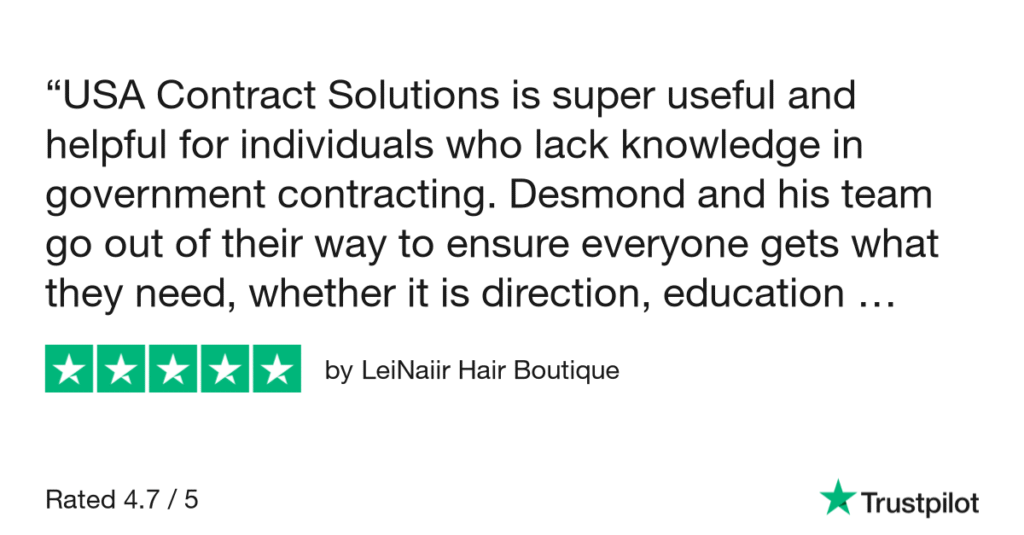 A five-star Trustpilot review by LeiNaiir Hair Boutique. The review praises "USA Contract Solutions" as "super useful and helpful" for government contracting, highlighting that Desmond and his team ensure everyone receives necessary direction and education. The overall rating is 4.7 out of 5.