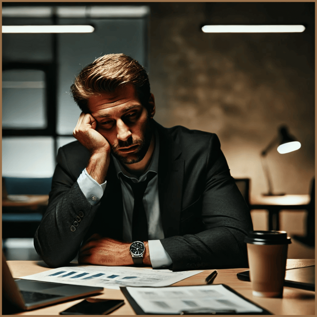 A man in a suit sits at a desk, looking tired and stressed, with his head resting on his hand. Papers and a coffee cup are on the desk in front of him.