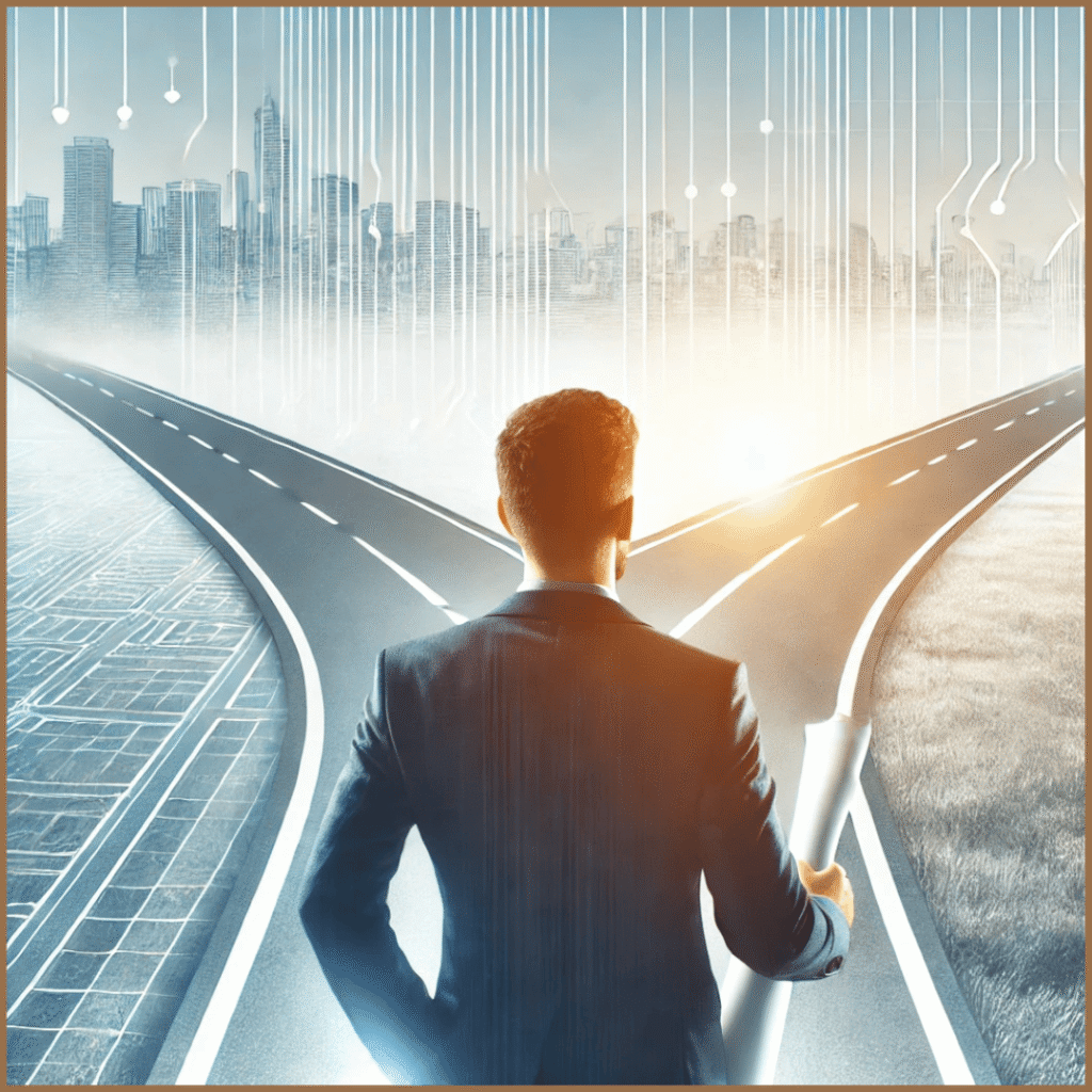 A man in a suit stands at a crossroads, with one path on the left leading toward a futuristic city with digital circuits and a path on the right leading to a grassy field. He is holding a roll of paper.