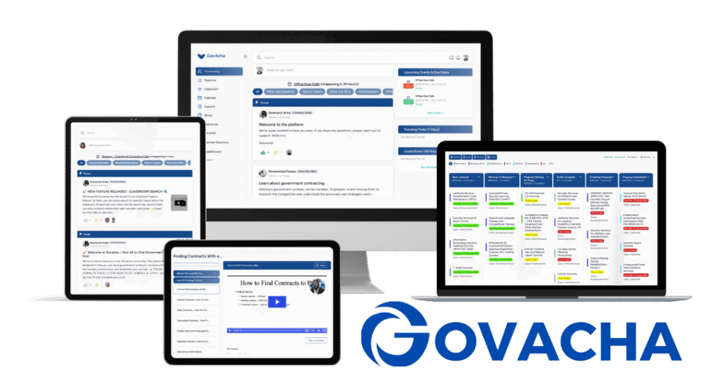 A composite image on a transparent background showing a desktop monitor, a laptop, and two tablets, all displaying different pages of the GovAcha online platform. The GovAcha logo is visible in the bottom right corner.