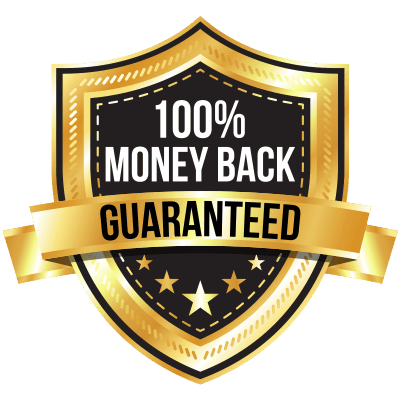 A gold and black shield icon with a banner across it. The shield reads "100% MONEY BACK" and the banner says "GUARANTEED." There are five gold stars at the bottom.