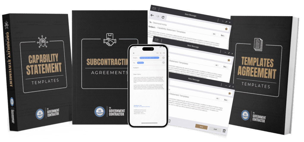 A collection of digital product mockups showing various resources for government contracting. The products include a "Capability Statement Templates" binder, a "Subcontracting Agreements" binder, a "Templates Agreement" binder, and email templates on a smartphone and desktop screen.