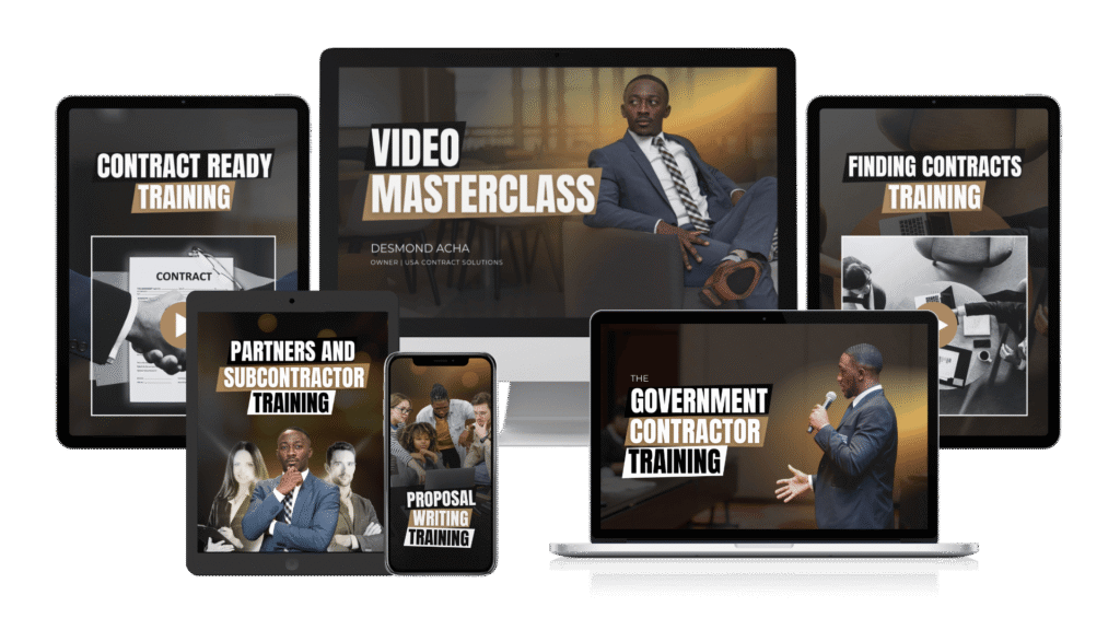 A collection of digital devices, including a monitor, laptop, tablet, and smartphone, displaying various training materials from Desmond Acha and USA Contract Solutions. The screens show titles like "Video Masterclass," "Contract Ready Training," and "The Government Contractor Training.