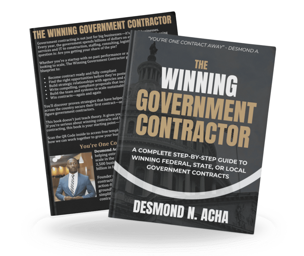 The front and back cover of the book "The Winning Government Contractor" by Desmond N. Acha are shown. The front cover features the US Capitol building, while the back cover has a description and a photo of the author.