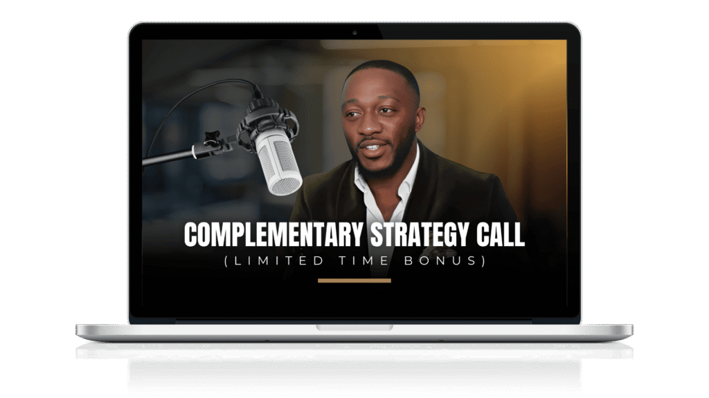 A laptop screen displaying a man in a blazer speaking into a studio microphone. Text on the screen reads, "COMPLEMENTARY STRATEGY CALL (LIMITED TIME BONUS)".