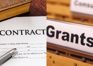 A two-panel image. The left panel shows a close-up of a document titled "CONTRACT," with a silver pen on it. The right panel shows a file folder tab labeled "Grants," with other tabs in the background.