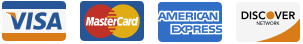 A row of four credit card logos: Visa, MasterCard, American Express, and Discover Network.