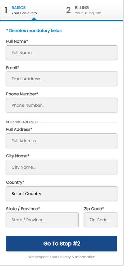A screenshot of a web form titled "BASICS" for collecting user information. The form has fields for Full Name, Email, Phone Number, Shipping Address, City, Country, State/Province, and Zip Code. All fields are marked as mandatory. A button at the bottom says "Go To Step #2