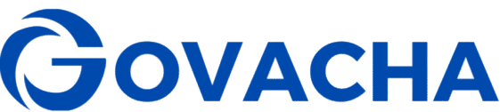 The logo for a company named "GOVACHA" in bold blue text. The letter 'G' is stylized with a circular, swooshing shape that contains a smaller, similar shape within it. The background is a transparent gray and white checkered pattern.