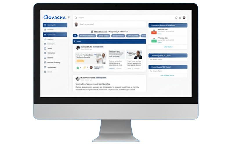 A desktop monitor displays the GOVACHA website dashboard. The screen shows a user interface with a navigation menu, a news feed, trending topics, and sections for upcoming events. The background is a transparent gray and white checkered pattern.