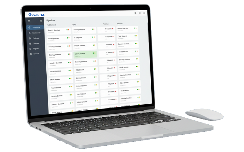 A high-angle shot of a laptop and a white wireless mouse. The laptop screen displays the GOVACHA website, showing a "Pipelines" page with a dashboard of various projects and their statuses, arranged in columns. The background is a transparent gray and white checkered pattern.