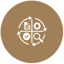 A white outline icon on a brown background, showing a cyclical process with four steps: a document, a gear, a magnifying glass, and a checkmark.