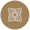 A white outline icon of a central gear surrounded by a circular process flow with connected arrows and circles, on a brown background.