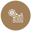 A white outline icon on a brown background depicting a gear with a dollar sign inside, connected by a line with three points to a rising bar chart.