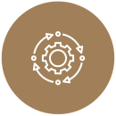 A white outline icon of a gear in the center, surrounded by a circular arrow with smaller circles at intervals, on a brown background.