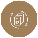 A white outline of three overlapping documents with lines representing text, enclosed within a circular arrow icon, on a solid brown background.