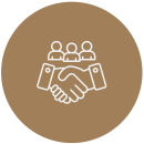 A white outline icon of two hands shaking, with three person icons above them, on a brown background.